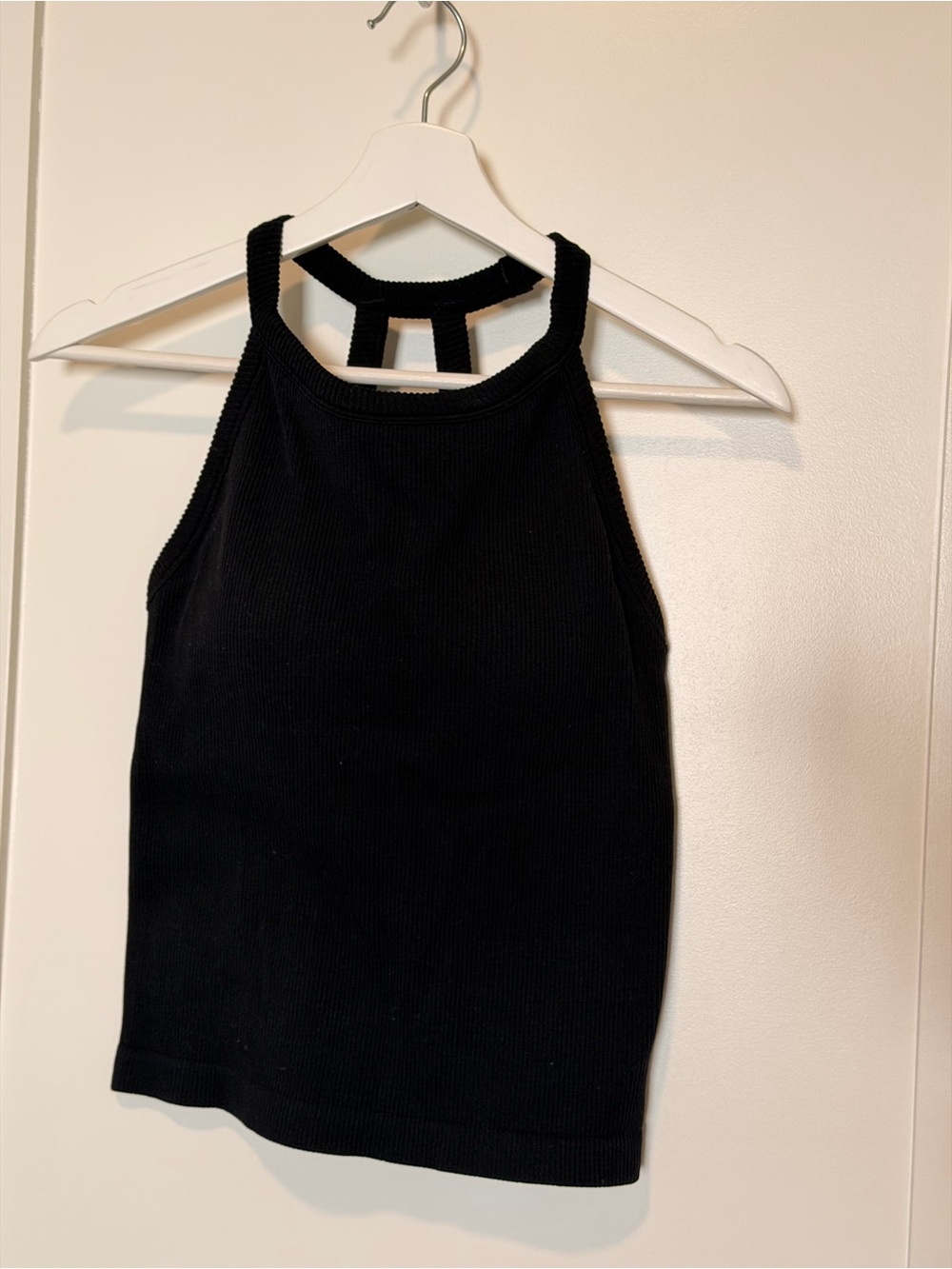 90 Degree By Reflex Black Ribbed Halter Tank with Back Strap Detail Bra Build in